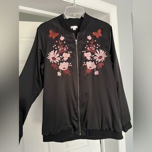 Xhilaration Black Bomber Jacket with Pink Floral Embroidery